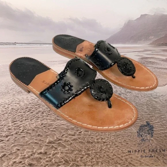 Jack Rogers Calypso Black Whipstitch Leather T-strap Sandals Size 8 - Picture 6 of 8